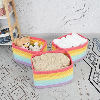 3-Pack Rainbow Storage Baskets 15X10X9.3“ – Woven Toy Organizer Bins for Kids, Baby Room, Nursery, and Classroom – Cute Square Rope Baskets for Shelves and Organization Rainbow