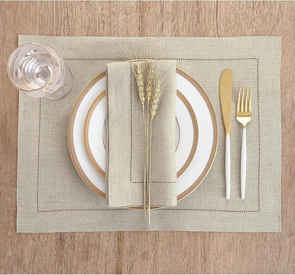 Solino Home Natural Linen Napkins Set of 6-100% Pure Linen Hemstitch Dinner Napkins 20 x 20 Inch for Spring, Easter - Classic Hemstitch