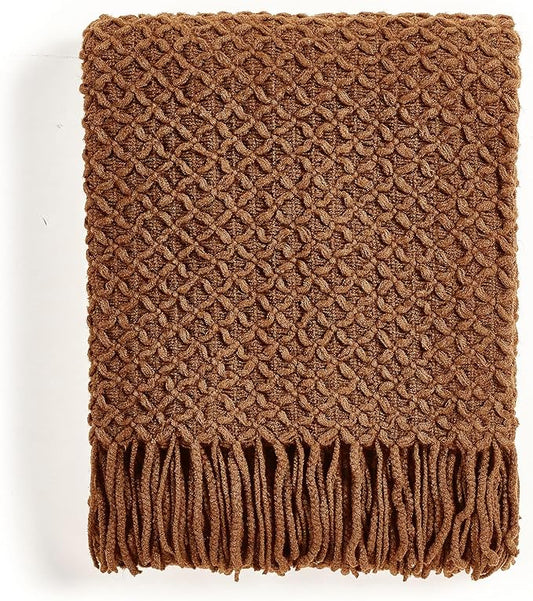 CREVENT Farmhouse Boho Knitted Throw Blanket for Couch Sofa Chair Bed Home Decoration, Soft Warm Cozy Light Weight for Spring Summer Fall (60''X80'' Light Brown)