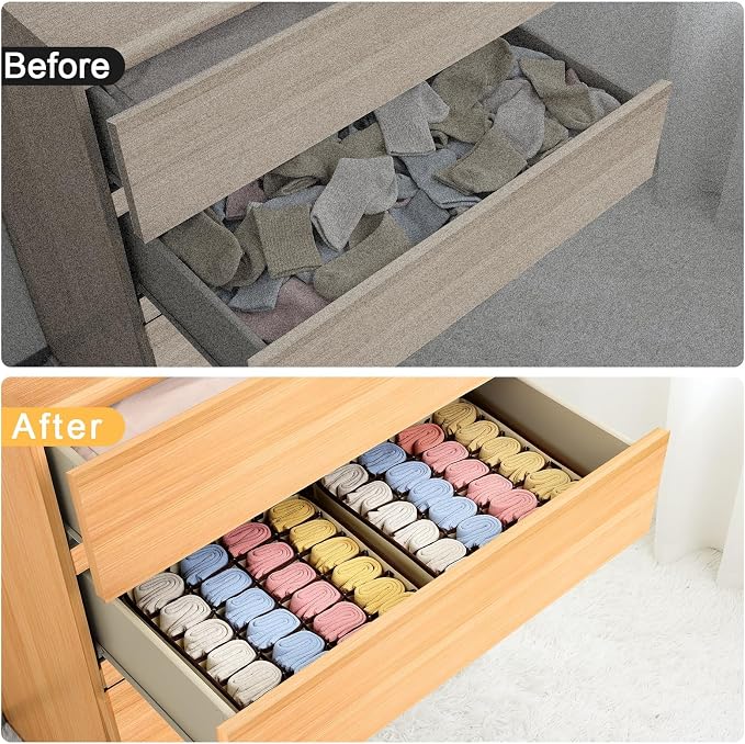 Sock Organizer 4 Pack, Large Sock Drawer Divider, Underwear Storage 24 Cell Closet Organizers and Storage for Wardrobes, Drawers. (Beige)