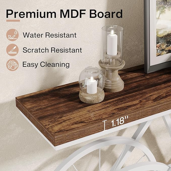 Tribesigns 70.9-Inch Extra Long Console Table, Narrow Sofa Table with Bicycle Metal Base, Modern Industrial Entryway Table for Living Room, Hallway, Entrance, Foyer, Rustic Brown & White
