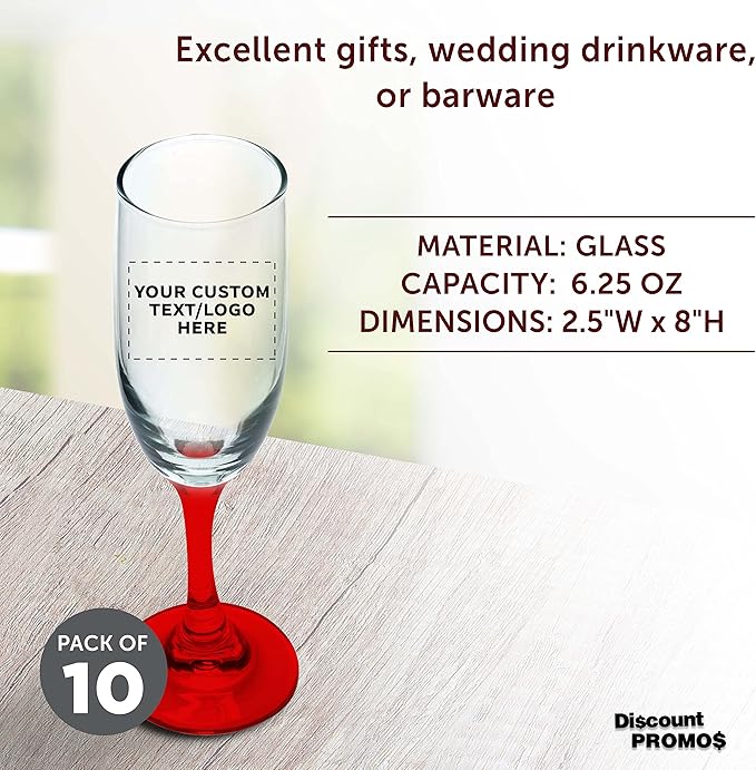 DISCOUNT PROMOS Custom Premiere Champagne Flutes 6.25 oz. Set of 10, Personalized Bulk Pack - Elegant Drinkware for Weddings, Events, & Promotional Gifts - Red