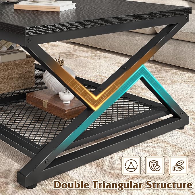 EnHomee Black Coffee Table with Storage, Modern Coffee Tables with Mesh Shelf, 2 Tier Minimalist Industrial Center Table for Living Room, Office, 39.4 Inch, Black Oak