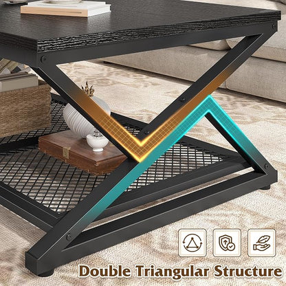 EnHomee Black Coffee Table with Storage, Modern Coffee Tables with Mesh Shelf, 2 Tier Minimalist Industrial Center Table for Living Room, Office, 39.4 Inch, Black Oak
