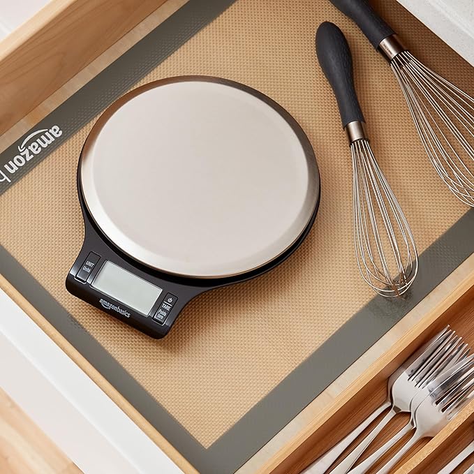 Amazon Basics Digital Kitchen Scale with LCD Display, Tare Function, Multiple Units, Weighs up to 11 Pounds, Batteries Included, Black and Stainless Steel
