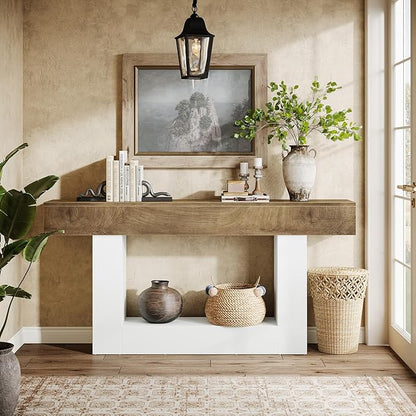 Tribesigns 63-Inch Long Console Table, 2-Tier Entryway Table Sofa Table with Storage, Farmhouse Wood Behind Couch Table for Living Room, Hallway, Light Brown & White
