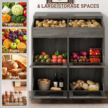 Potato And Onion Storage Bin with Lid,Veggie Bin W/6 Large Storage Box.Root Vegetable Storage Box For Kitchen,Farmhouse Potato Storage Bin W/4 Mesh Doors,Bread Keeper for Toast,Bagel,Donut,Cookies
