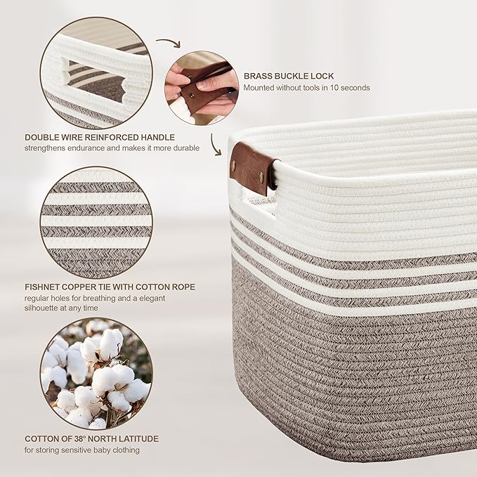 SunNewt 60L Large Laundry Basket with Leather Handles for Living Room Storage, Woven Rope Baskets Bin for Blanket, Kids Toy, Gifts, Wicker Hamper for Bedroom Dirty Clothes, 21"x15"x11" Dark Brown