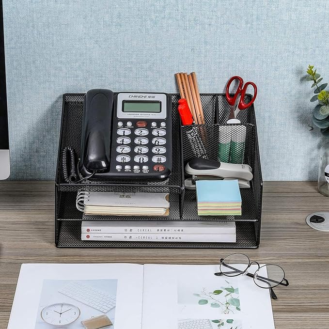 Phone Stand for Desk with 2 Pen Holder, Metal Mesh Desk Organizer with Telephone Holder, 3 Tier Office Storage Desktop Organizer for Workspace, Home, School, Black