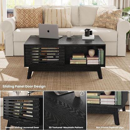 HAIOOU Lift Top Coffee Table, Mid Century Modern Coffee Table with Hidden Storage for Living Room, 35.4" Lift Tabletop Coffee Tables with Sliding Fence Door for Dining Working (Black)