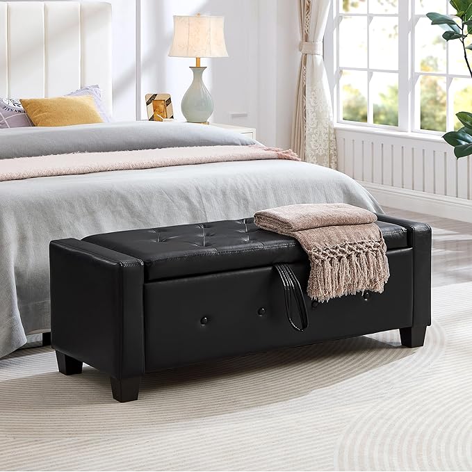 Furniliving Storage Bench, 48‘’ Upholstered PU Leather Ottoman Bench with Button-Tufted, Folding Bedroom Bench with Wood Legs, Entryway Bench for Bedroom, Black