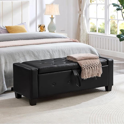 Furniliving Storage Bench, 48‘’ Upholstered PU Leather Ottoman Bench with Button-Tufted, Folding Bedroom Bench with Wood Legs, Entryway Bench for Bedroom, Black
