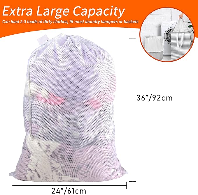 Polecasa Heavy Duty Diamond Mesh Laundry Bags 24x36" - Machine Washable Large Commercial Grade Laundry Bag with Drawstring & ID Tag for College Dorms, Travel, Sports Equipment – White