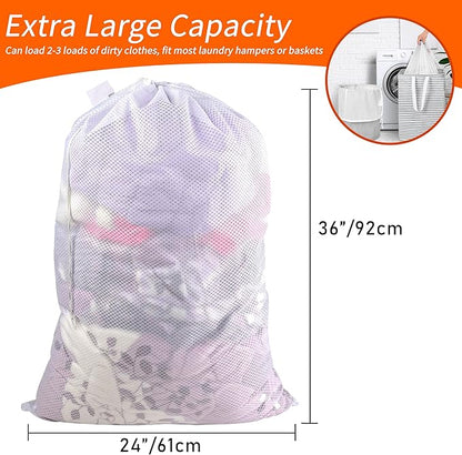 Polecasa Heavy Duty Diamond Mesh Laundry Bags 24x36" - Machine Washable Large Commercial Grade Laundry Bag with Drawstring & ID Tag for College Dorms, Travel, Sports Equipment – White