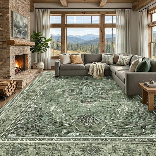 RELEANY Area Rugs Large 10'x12' Washable Non-Slip, Floral Vintage Distress Medallion Carpet for Living Room Bedroom Dining Room, Dark Green Gray
