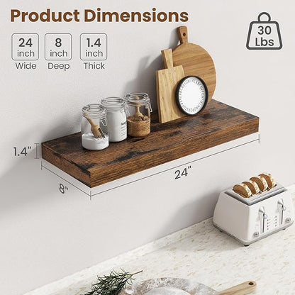 24 Inch Floating Shelves for Wall, 8 Inch Deep Floating Shelf for Storage & Display, Wall Mounted Shelf with Invisible Brackets for Living Room, Kitchen, Bathroom, Home Decor, Set of 2, Rustic Brown
