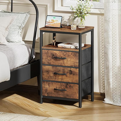 Huuger Nightstand with Charging Station, 27.6 Inch Bedside Table with Fabric Drawers, End Table with USB Ports and Outlets, Night Stand for Bedroom, Rustic Brown