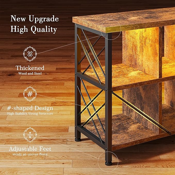 6 Cube Storage Organizer with LED Light and Charging Station, Wood and Metal Cube Shelf, Long Horizontal Book Shelf for Bedroom, Home Office,Rustic Brown