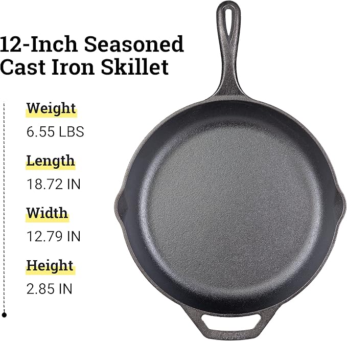 Lodge 12" Cast Iron Skillet - Chef Collection - Perfect Sear - Ergonomic Handles - Superior Heat Retention - Cast Iron Cookware & Skillet