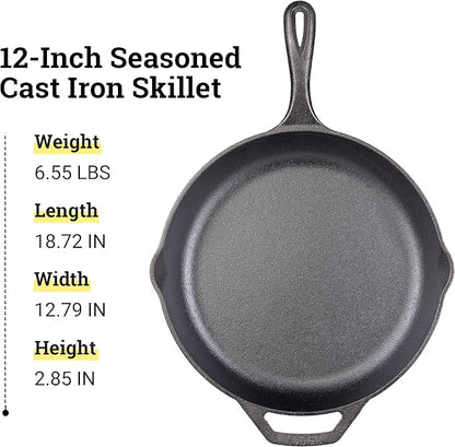 Lodge 12" Cast Iron Skillet - Chef Collection - Perfect Sear - Ergonomic Handles - Superior Heat Retention - Cast Iron Cookware & Skillet