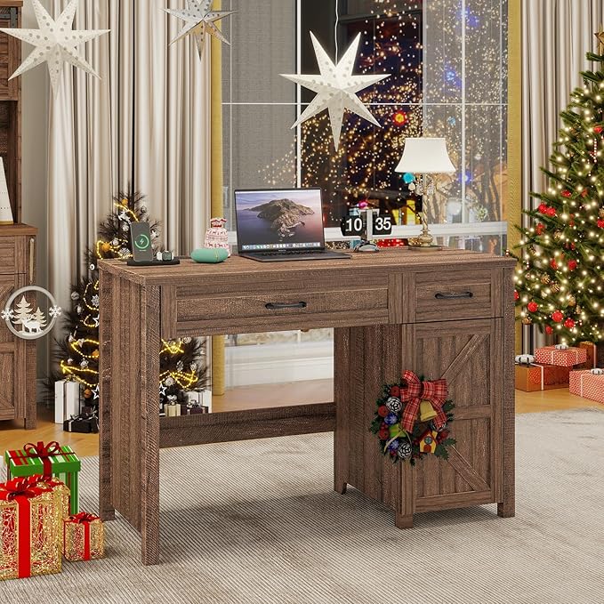 Vabches Farmhouse 47" Executive Desk, Computer Desk with Drawers and Storage Cabinet, Workstation Computer Desk for Home Office, Study.（Red-Brown）