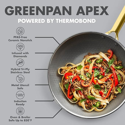 GreenPan Hybrid 11” Nonstick Stainless Steel Wok Pan, APEX Tri-Ply Thermobond PFAS-Free Ceramic Skillet, Induction & All Cooktop Compatible, Oven Temp to 850°F, Dishwasher Safe, Gold