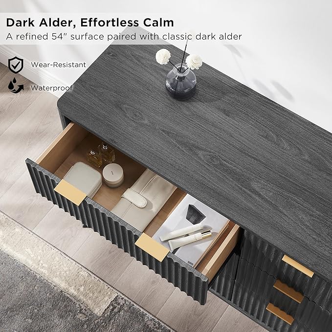 T4TREAM Fluted 6 Drawers Dresser, 54" Wide Modern Chest of Drawers, Curved Profile Design, Dresser TV Stand, Wood Drawer Organizer for Bedroom, Living Room, Hallway, Dark Alder