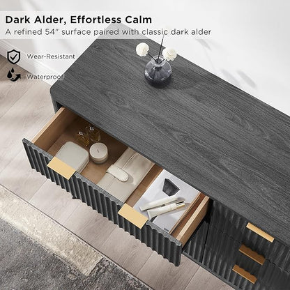 T4TREAM Fluted 6 Drawers Dresser, 54" Wide Modern Chest of Drawers, Curved Profile Design, Dresser TV Stand, Wood Drawer Organizer for Bedroom, Living Room, Hallway, Dark Alder
