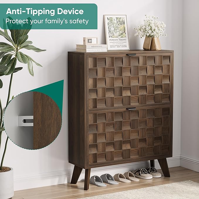 Smuxee Walnut Shoe Cabinet with 2 Flip Drawers, 29.6" Hidden Shoe Storage Cabinet with Embossed Checkerboard Doors, Freestanding Shoe Organizer Cabinet for Entryway, Hallway, Living Room