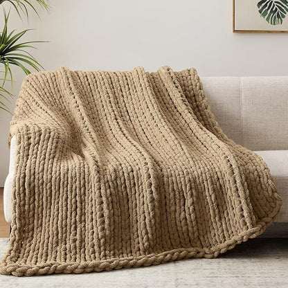 Negwoo Chunky Knit Throw Blanket, 80''*90'' Knitted Throw Chenille Yarn for Bed Couch, Handmade Light Brown Crochet Big Thick Blanket, Machine Washable Cute Comfy Blanket for Home Decor