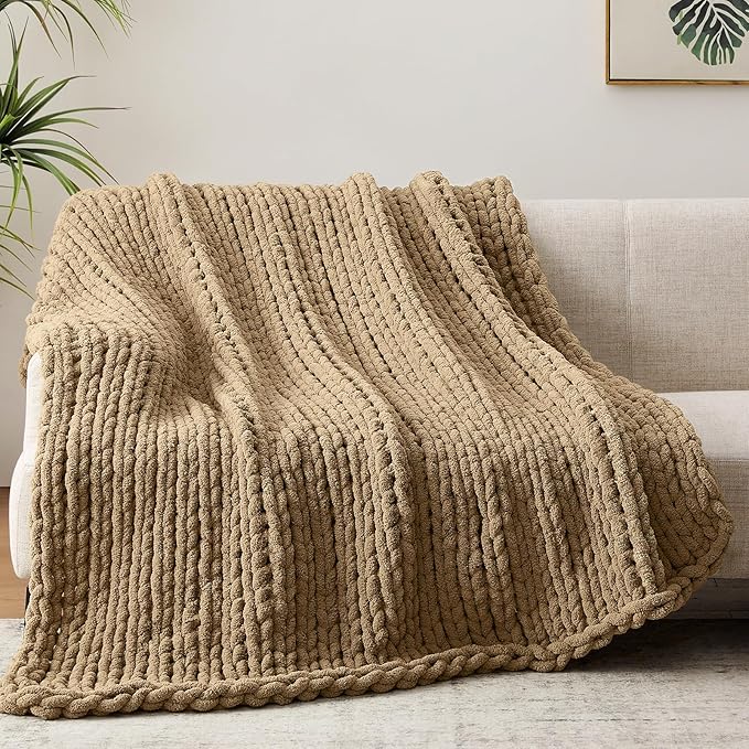 Negwoo Chunky Knit Throw Blanket, 50''*60'' Knitted Throw Chenille Yarn for Bed Couch, Handmade Light Brown Crochet Big Thick Blanket, Machine Washable Cute Comfy Blanket for Home Decor
