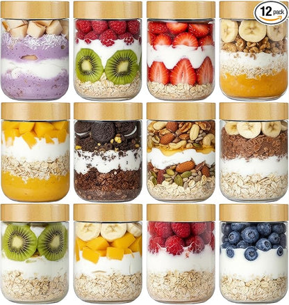 Vtopmart 12 Pack 16oz Glass Overnight Oats Containers with Bamboo Lids, Portable Wide Mouth Glass Jars Leak Proof, Reusable Glass Food Storage Containers for Yogurt Chia Pudding Salad Pickling Snacks