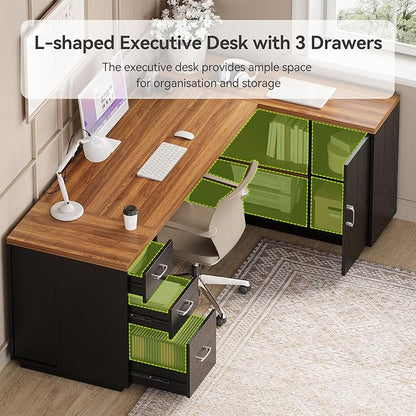 LITTLE TREE 87-Inch Modern Executive Desk with File Cabinet, Large Home Office Desk with Drawers, 3-Drawer Wooden File Cabinet, Spacious Workstation for Home Office (Brown & Black)