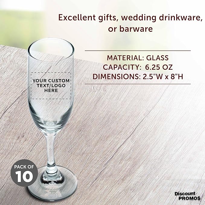 DISCOUNT PROMOS Custom Premiere Champagne Flutes 6.25 oz. Set of 10, Personalized Bulk Pack - Elegant Drinkware for Weddings, Events, & Promotional Gifts - Clear