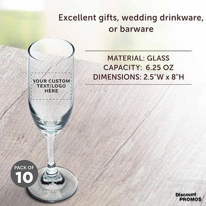 DISCOUNT PROMOS Custom Premiere Champagne Flutes 6.25 oz. Set of 10, Personalized Bulk Pack - Elegant Drinkware for Weddings, Events, & Promotional Gifts - Clear