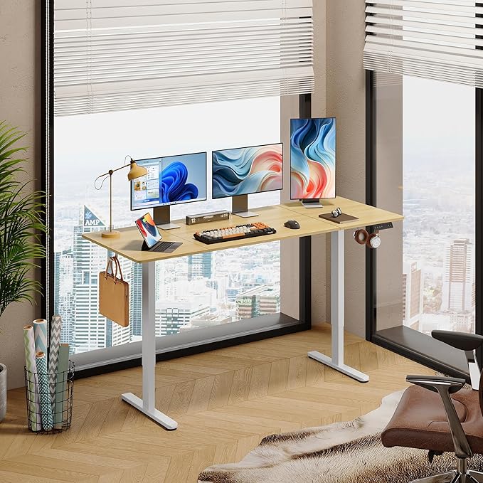 DEVAISE 71 * 28 Inches Electric Standing Desk, Dual Motors for Quite Adjustment，3 Memory Preset Adjustable Stand up Desk, Computer Desk Sit to Stand Desk for Home Office, Maple