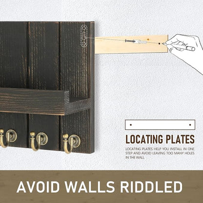 Rebee Vision Pine Wood Key Holder Wall Mount with Floating Shelf – Farmhouse Key Holder for Wall to Maximize Storage Solutions – Mail Organizer for Office Decor (3.54" x 10" x 7.28", Distressed Black)