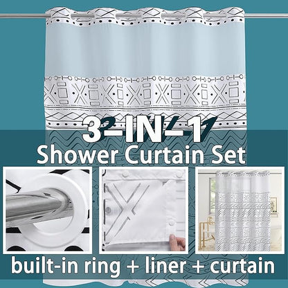 Conbo Mio Extra Long No Hook Boho Shower Curtain with Snap in Liner Set, Hotel Luxury White Shower Curtains for Bathroom with See Through Top Window, Waterproof, Washable 71W x 84H