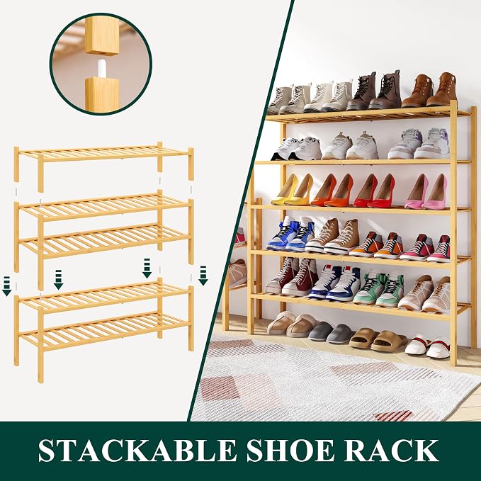 Smiry Long Bamboo Shoe Rack, 3 Tier Free Standing Wooden Shoe Organizer, Stackable Wood Shoe Storage Shelf for Closet, Entryway, 12 Vertical Slats, 2+1 Stack Standard Legs, 33.7"x11"x19.5", Natural