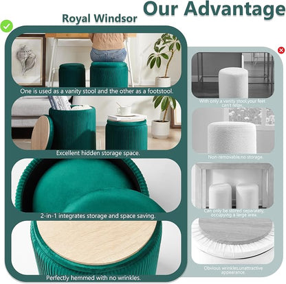 Royal Windsor Round Ottoman with Storage Set of 2,Vanity Stool with Storage for Bedroom, Ottoman Coffee Table, Small Velvet Foot Stool for Living Room, Green