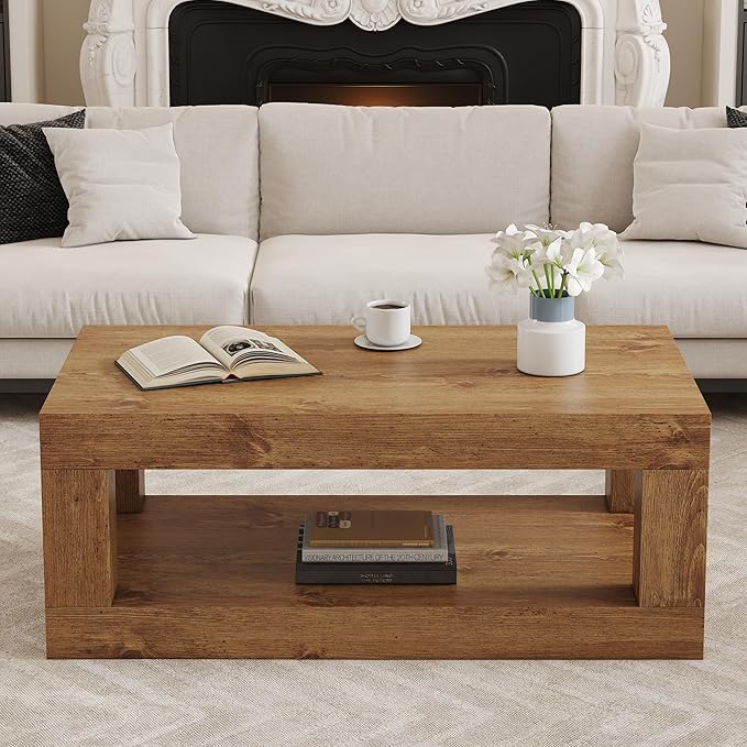LKTART 39.37" Coffee Table with Storage, 2-Tier Mid Century Rectangular Accent Table with Thick Tabletop, Rustic Style Cocktail, Center Table for Living Room, Office, Apartment (Natural Wood)