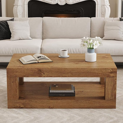 LKTART 39.37" Coffee Table with Storage, 2-Tier Mid Century Rectangular Accent Table with Thick Tabletop, Rustic Style Cocktail, Center Table for Living Room, Office, Apartment (Natural Wood)
