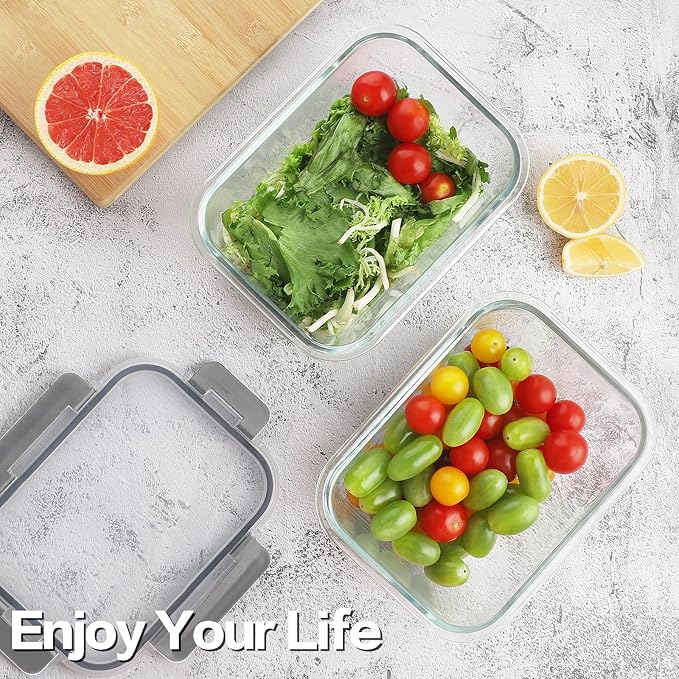 HOMBERKING 4 Pieces 63oz/8cup Large Glass Food Storage Containers with Lids, Meal Prep Containers, Airtight Bento Boxes with Leak Proof Locking (2 Containers 2 Lids), Microwave,Oven,Fridge Safe-Grey