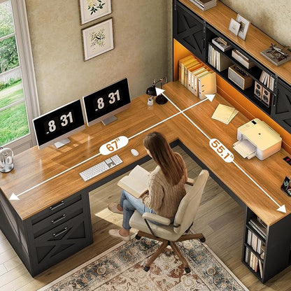 SEDETA 67" L Shaped Desk with Hutch, Farmhouse Executive Office Desks with Drawers & Sliding Doors, L Shaped Gaming Desk with Storage Shelves & Power Outlets, Corner Gaming Desk with LED Lights, Black