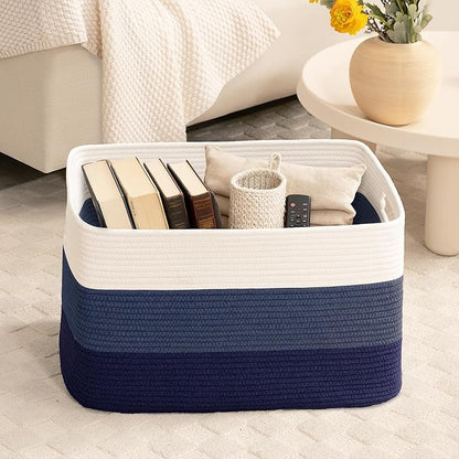 86L Extra Large Laundry Basket with Leather Handles for Living Room Storage, Woven Rope Baskets for Blanket, Kids Toy, Gifts, Wicker Hamper for Bedroom Dirty Clothes, 24"x16"x14" Gradient Blue
