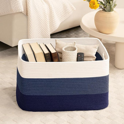 60L Laundry Basket with Leather Handles for Living Room Storage, Woven Rope Baskets Bin for Blanket, Kids Toy, Gifts, Wicker Hamper for Bedroom Dirty Clothes,Gradient Blue