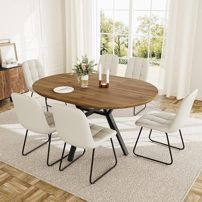 Extendable Round Dining Table Set for 6 People, 43.3"-59.1" Extendable Kitchen Table with 6 Upholstered Chairs, Space Saving for Kitchen Dining Room (Walnut Table+6 U-Shaped White Chairs)