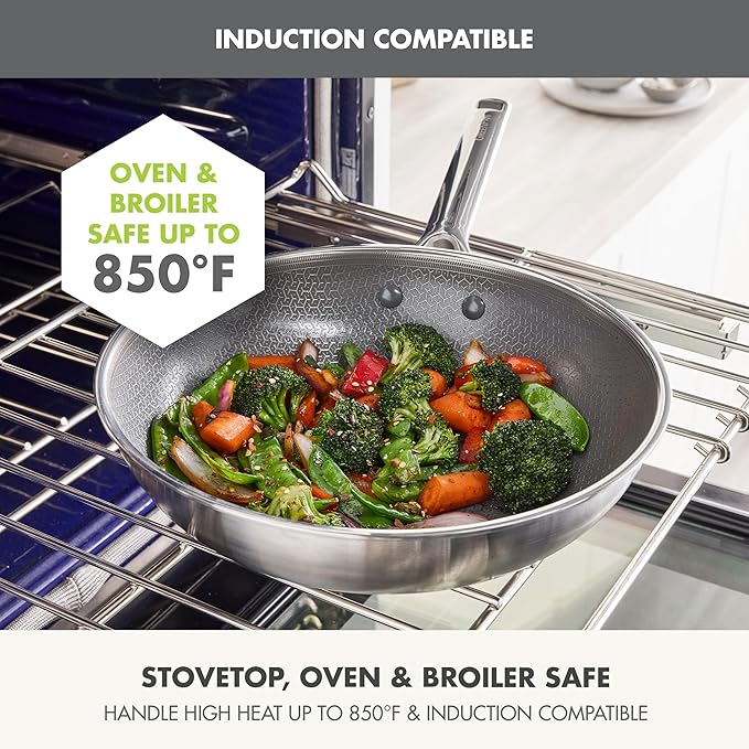 GreenPan Hybrid 11” Nonstick Stainless Steel Wok Pan, APEX Tri-Ply Thermobond PFAS-Free Ceramic Skillet, Induction & All Cooktop Compatible, Oven Temp to 850°F, Dishwasher Safe, Silver