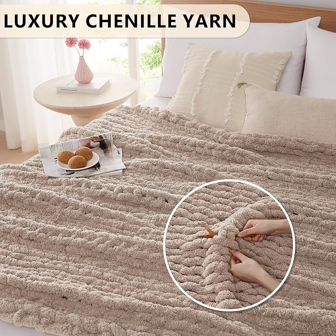 L'AGRATY Chunky Knit Blanket Throw: 60''x80'' Chenille Chunky Knitted Throw Blankets for Bed Couch - Handmade Thick Big Cable Knit Blanket - Large Crochet Rope Blankets for Home Decor(Light Taupe)