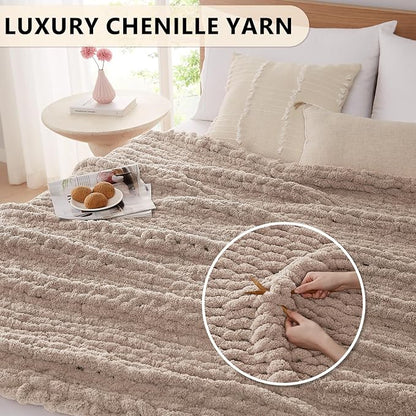 L'AGRATY Chunky Knit Blanket Throw: 60''x80'' Chenille Chunky Knitted Throw Blankets for Bed Couch - Handmade Thick Big Cable Knit Blanket - Large Crochet Rope Blankets for Home Decor(Light Taupe)